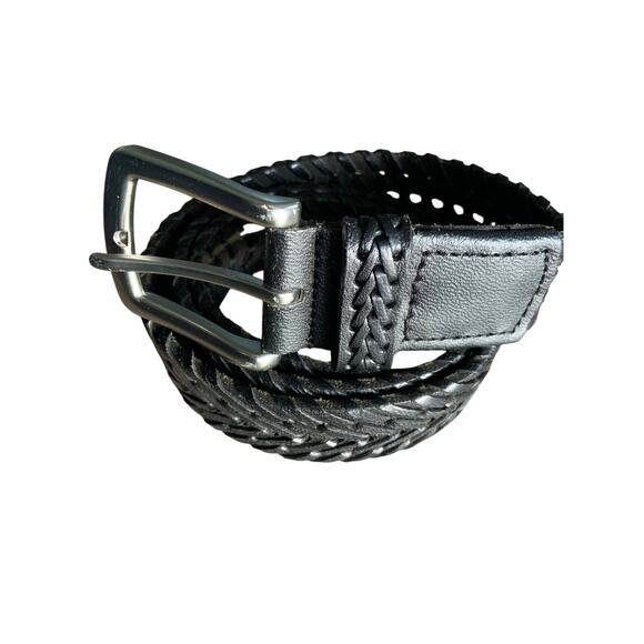 Black Plaited Genuine Leather Belt Silver Buckle Size M - C12